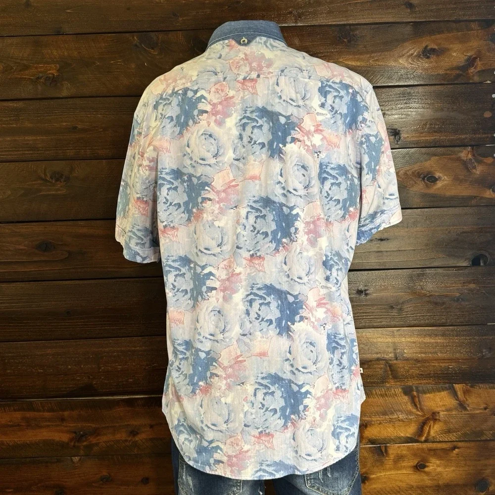 7 Diamonds Shirt  Abstract Print Polyester Cotton Blue Denim Collar Men's Size M